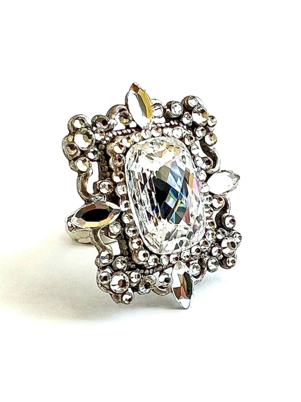 Statement Crystal Halo Cocktail Ring Size 8+ Vintage Glam Couture Sparkle